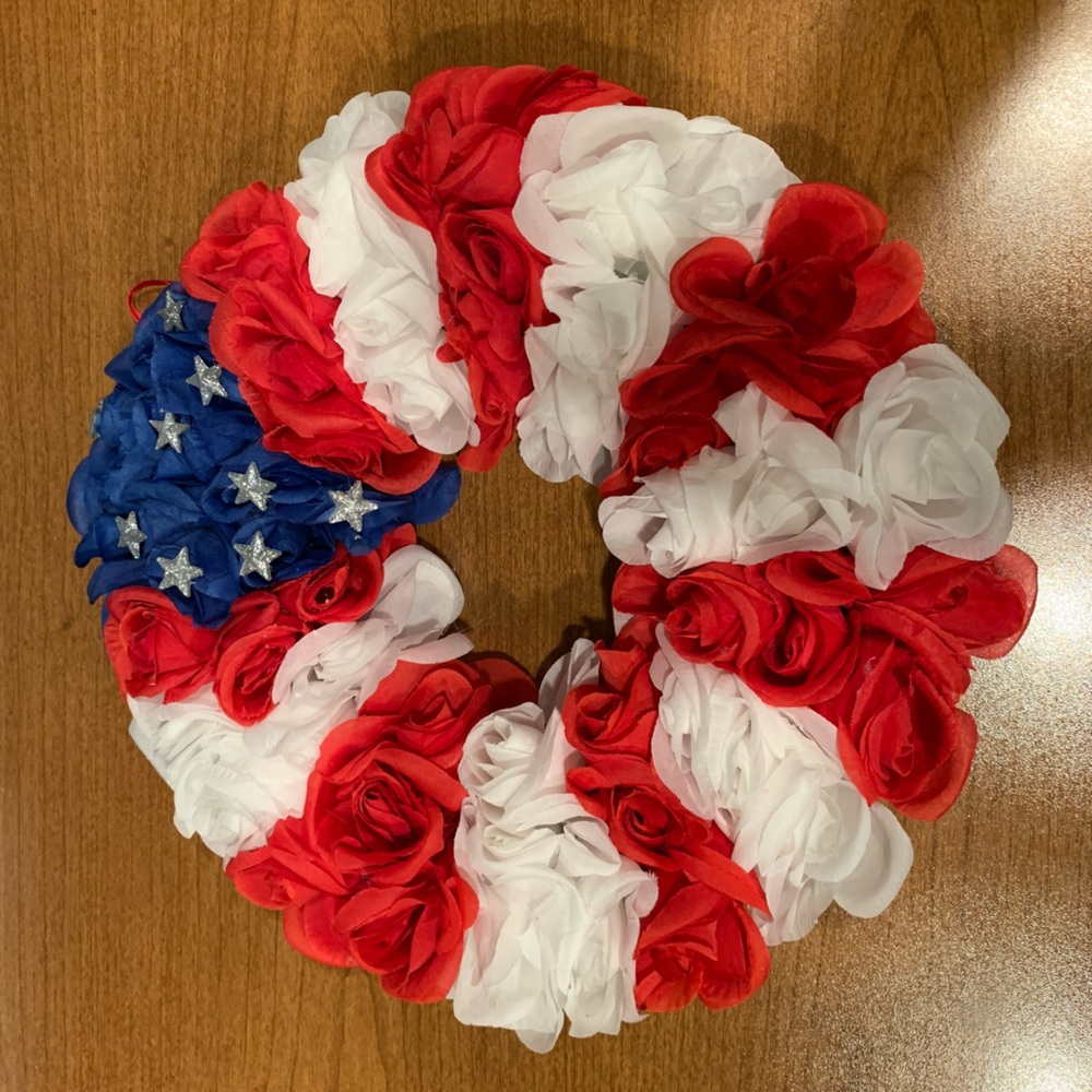 Patriotic Wreath, Roughly 11” W, Great Condition, Soft Backing, Attached Loop